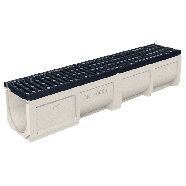 Caniveau en béton polymère MEADRAIN EN 1500 avec feuillures fonte et grille fonte D400 - Largeur 150,0 mm - Longueur 1 m