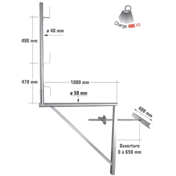 Console garde-corps de maçonnerie pour planches de 65 mm Altrad - largeur 1 m 480 kg max