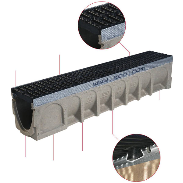 CANIVEAU BETON/POLYESTER 200MM GRILLE FONTE D400 L1M