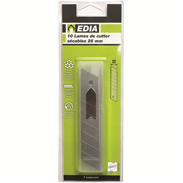 Lame biseautée sécable pour cutter - Edia - Largeur 25 mm - Lot de 10 avec étui distributeur