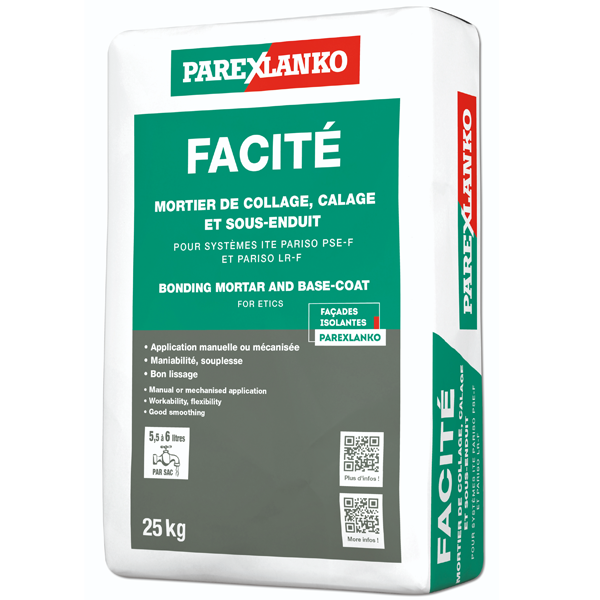 Mortier hydraulique - FACITÉ Parex - pour collage, calage et sous-enduit des façades ITE - Sac de 25 KG
