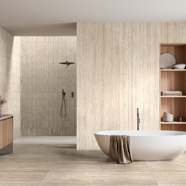 Carrelage effet pierre naturelle de travertin pour sol et mur R9 - Realstone Travertino Vein Beige rectifié - 150 x 75 cm - ép. 9 mm