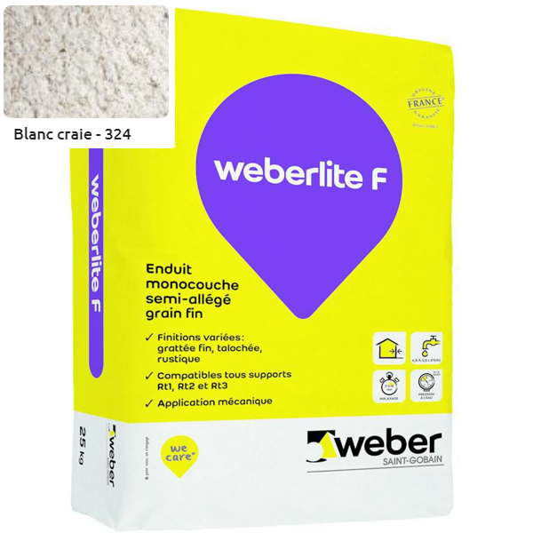 Enduit monocouche semi-allégé et coloré à grain fin WeberLite F 324 Blanc craie - sac de 25 KG
