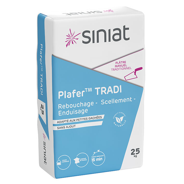 Plâtre manuel traditionnel pour rebouchages scellements et enduisages - Plafer Tradi Siniat - sac de 25 KG