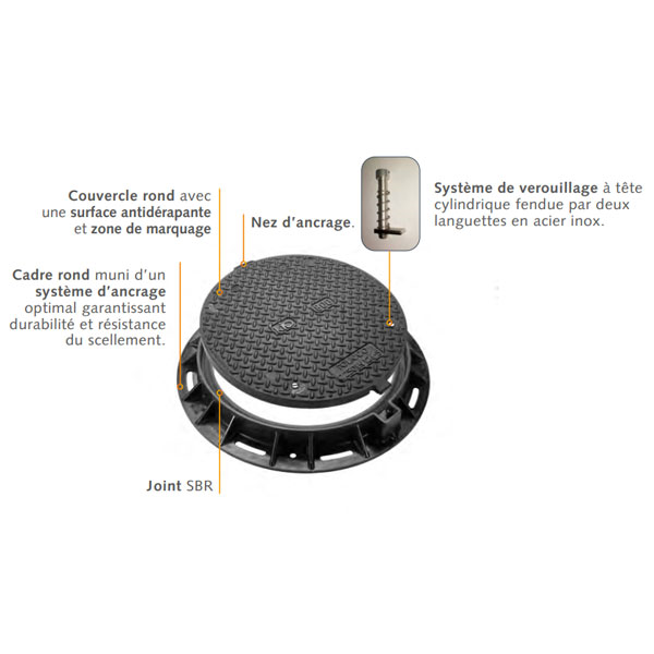 Tampon de regard composite rond - KIO 800 C250 - verrou et joint SBR - Diamètre 840 mm