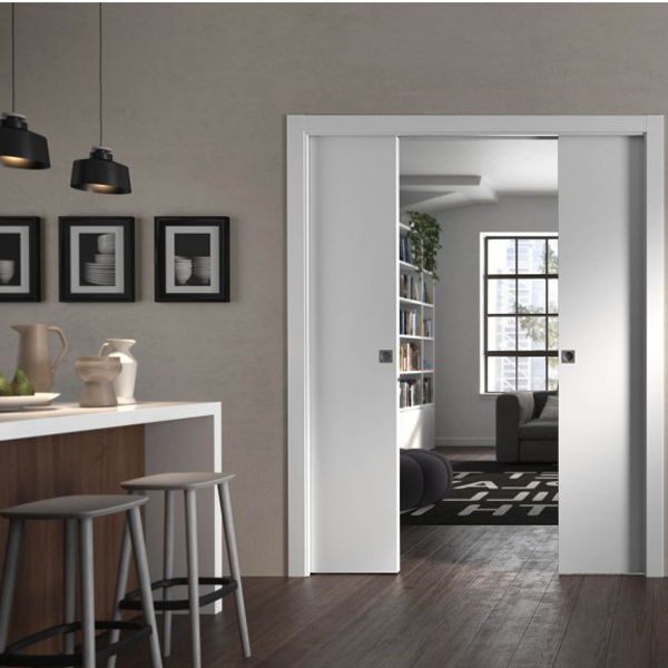 Système à galandage pour porte coulissante double ventail - caisson pour plaque de plâtre - Scrignotech - porte de 203 CM x 140 CM - cloison finie 100 mm