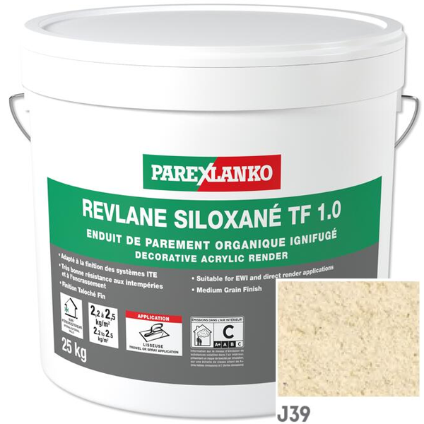 Enduit de parement organique ignifugé Parexlanko Revlane Siloxané TF 1.0 J39 Sable d'Athènes - Seau de 25,0 KG