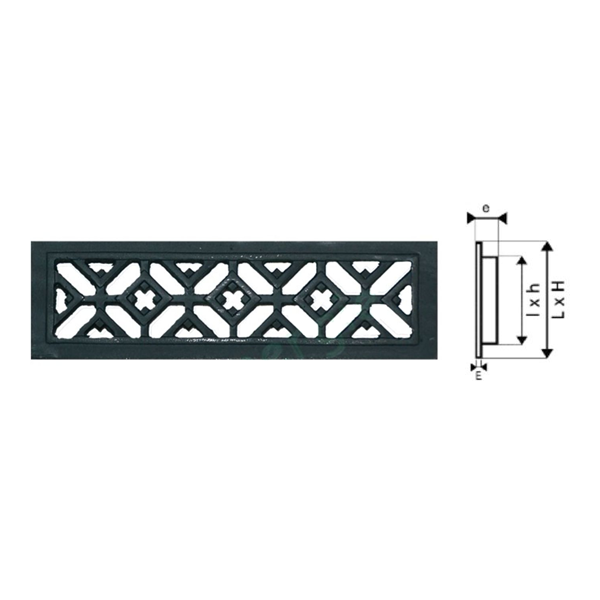 Grille d'aération en fonte noire - Autogyre - Pose encastrée - encastrement 220 x 60 mm - façade 230 x 70 mm