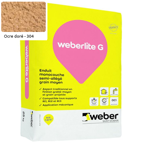 Enduit monocouche semi-allégé et coloré à grain moyen WeberLite G 304 Ocre doré - sac de 25 KG
