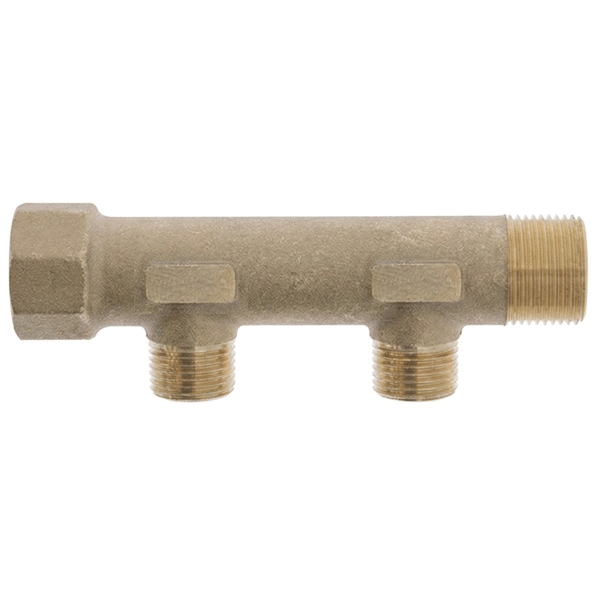 Collecteur sanitaire laiton mâle/femelle 20 x 27 avec 2 sorties mâles 15 x 21 à portée plate - 6 bar maxi