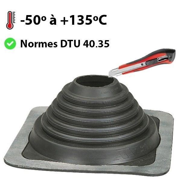 Sortie de toit ronde Pipeco n°4 pour tuyau Ø70 à 177 mm - EPDM noir - embase carrée H. 97 mm x l. 254 mm
