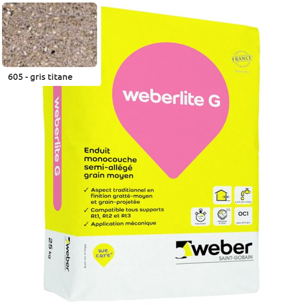 Enduit monocouche semi-allégé et coloré à grain moyen WeberLite G 605 Gris titane - sac de 25 KG