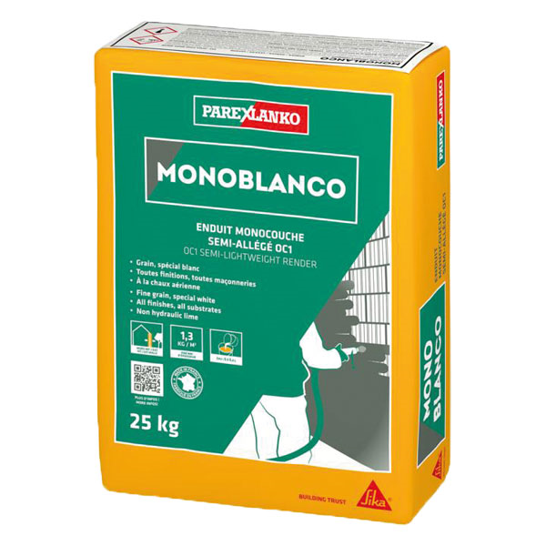 Enduit monocouche semi-allégé OC1 - Monoblanco Parex - Spécial blanc grain fin - Sac de 25,0 KG