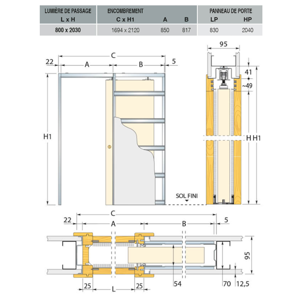 Système à galandage pour porte coulissante - châssis un ventail - Eclisse Unique 95 - porte de 204,0 CM x 83,0 CM