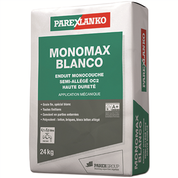 Enduit monocouche semi-allégé OC2 MONOMAX BLANCO Parex - Grain fin - Spécial blanc - Sac de 24 kg