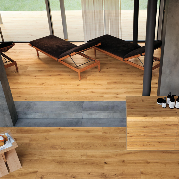 Carrelage intérieur en grès cérame rectifié effet bois Exence - 120,0 CM x 20,0 CM - ép. 9,00 MM - Amber