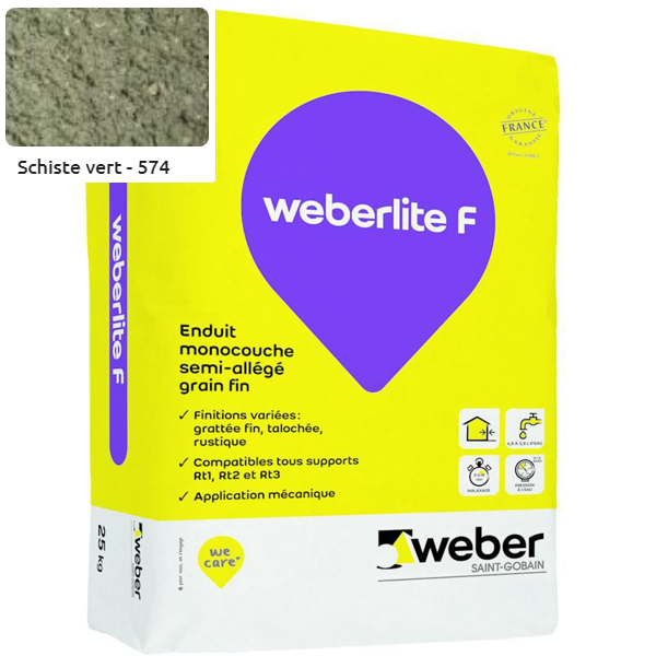 Enduit monocouche semi-allégé et coloré à grain fin WeberLite F 574 Schiste vert - sac de 25 KG