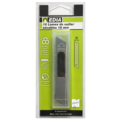 Lame biseautée sécable pour cutter - Edia - Largeur 18 mm - Lot de 10 avec étui distributeur