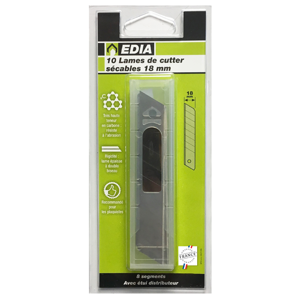 Lame biseautée sécable pour cutter - Edia - Largeur 18 mm - Lot de 10 avec étui distributeur