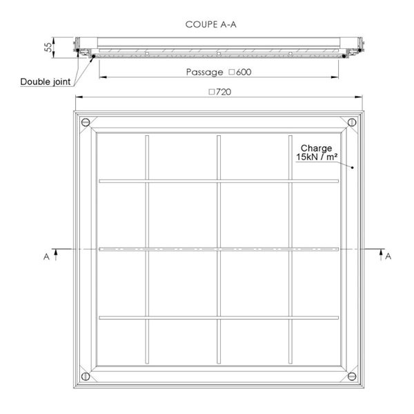 Tampon à remplir de béton ou à paver en aluminium - SOCOLIM TSAD60.55 - Double joint - 720,0 mm x 720,0 mm