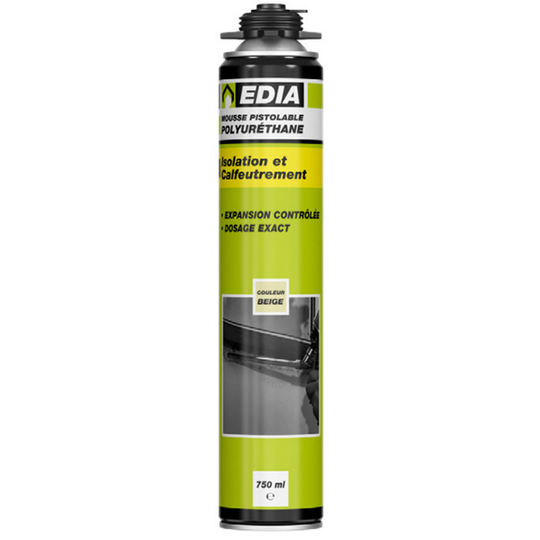 Mousse expansive polyuréthane pistolable Edia - Aérosol 750 ml - Prêt à l'emploi - Beige