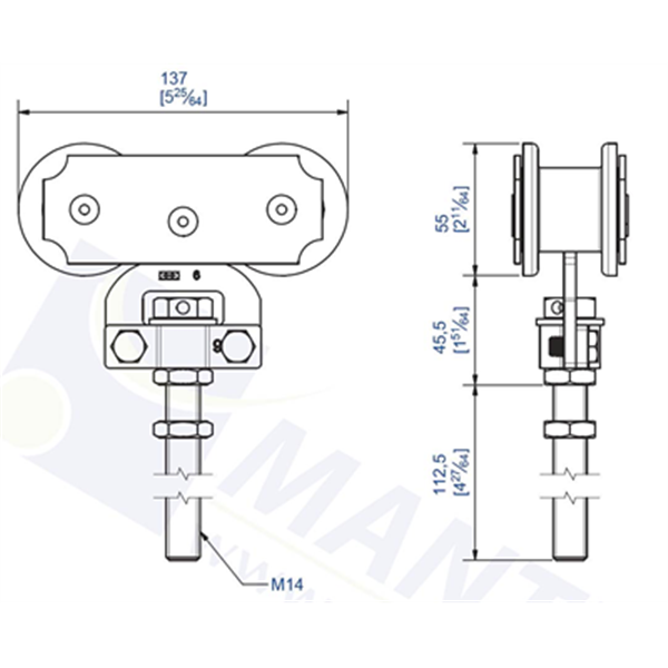 Monture sur chant vis M14 longue galets acier pour rail 62x55 - Lot de 2