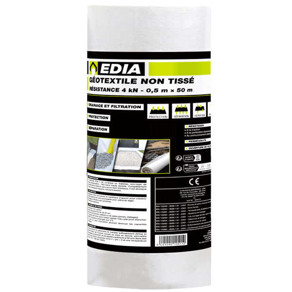 Géotextile non tissé Edia - polypropylène blanc - R. 4 kN - rouleau de 0,50 M x 50,00 M