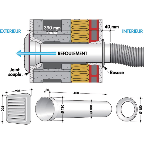 Traversée de mur avec grille à volet mobile blanche - Nicoll - 204 x 204 x 400 mm