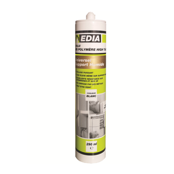 Mastic colle MS polymère High tack Edia spécial support humide cartouche 290ml couleur blanc