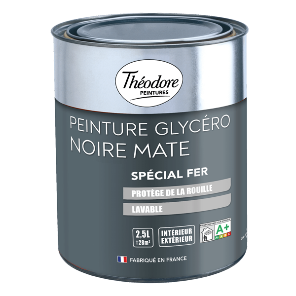 Peinture glycéro antirouille spéciale fer - Théodore Peintures - Noir mat - Pot de 2,5L