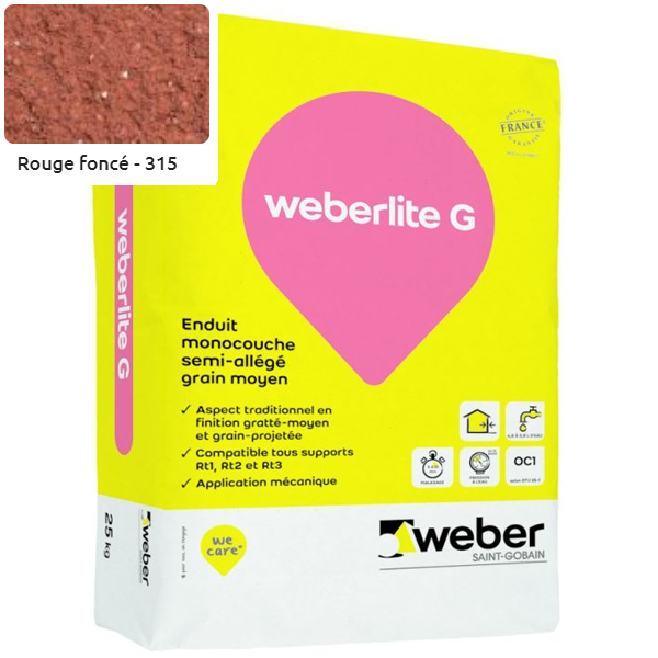 Enduit monocouche semi-allégé et coloré à grain moyen WeberLite G 315 Rouge foncé - sac de 25 KG