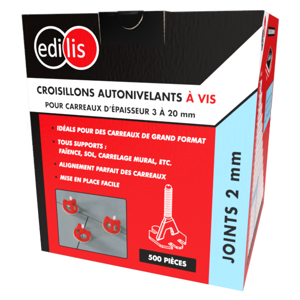 Croisillon autonivelant à vis pour carreaux d'épaisseur 3 à 20 mm - Edilis - joint de 2 MM - Boîte de 500