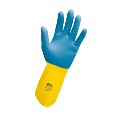 Gants de protection chimique en latex bleu et jaune - Taille S