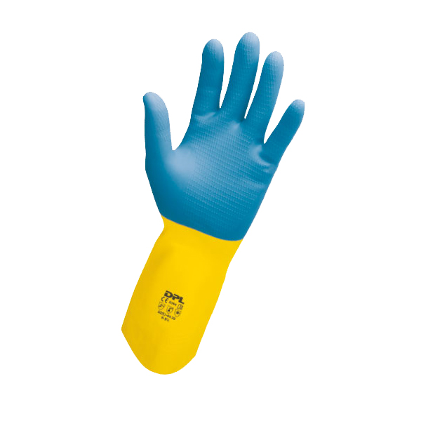 Gants de protection chimique en latex bleu et jaune - Taille L
