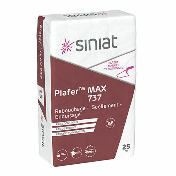 Plâtre pour rebouchage scellement et enduisage - prise contrôlée - Plafer Max 737 Siniat - Sac de 25 kg