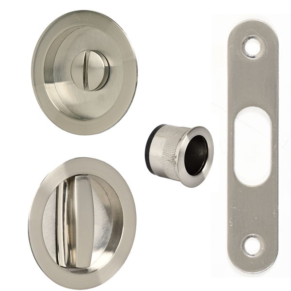 Kit serrure et poignées cuvettes Yale pour porte coulissante à condamnation - finition nickel brossé - axe à 50 mm