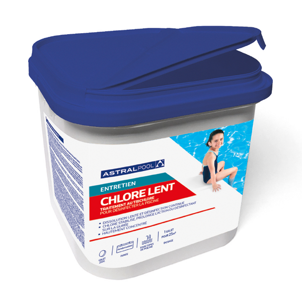Traitement désinfectant chlore lent en galet pour tous types de piscines - AstralPool - galets de 250g - seau de 5 kg
