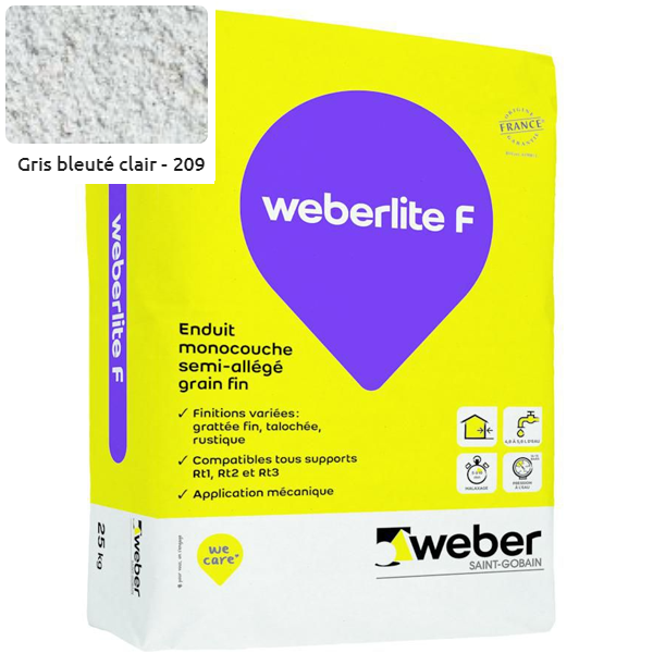 Enduit monocouche semi-allégé et coloré à grain fin WeberLite F 209 Gris bleuté clair - sac de 25 KG