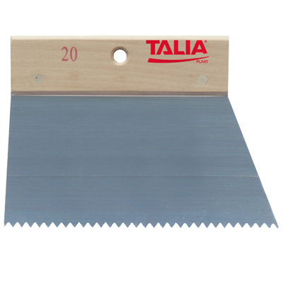 Peigne à colle pour carreleur avec lame en acier à dents isocèles de 2,5 mm et poignée en bois  - largeur 20 cm