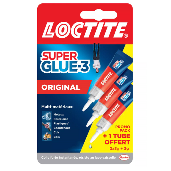 Colle liquide extra-forte cyanoacrylate - Super Glue-3 Loctite - Lot de 2 tubes + 1 gratuit