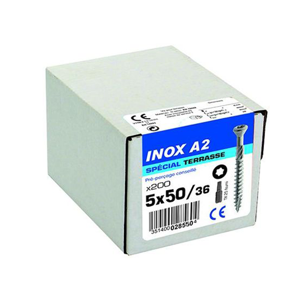 Vis bois terrasse Rocket en Inox A2 tête fraisée empreinte Torx - 5,0 MM x 50,0 MM/30,0 MM - Boîte de 200