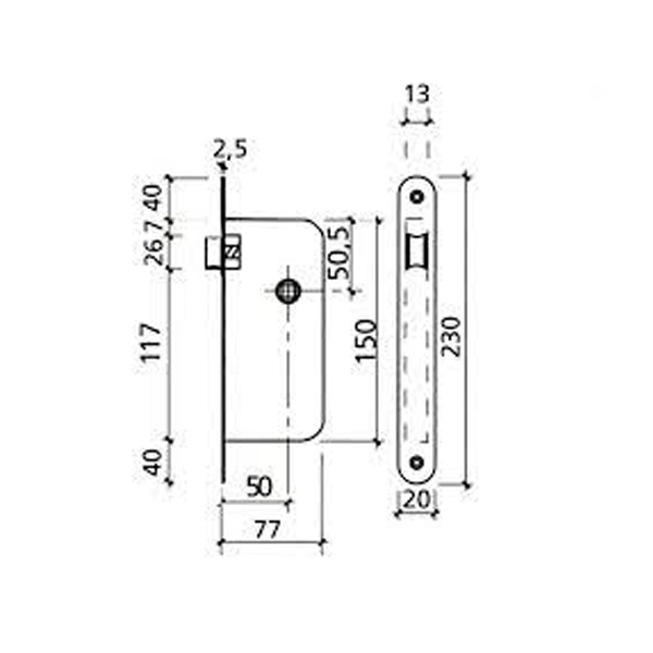 Serrure à encastrer à bec de canne Tesa T4130 - têtière laiton à bouts ronds - axe 50 mm - carré 7 mm