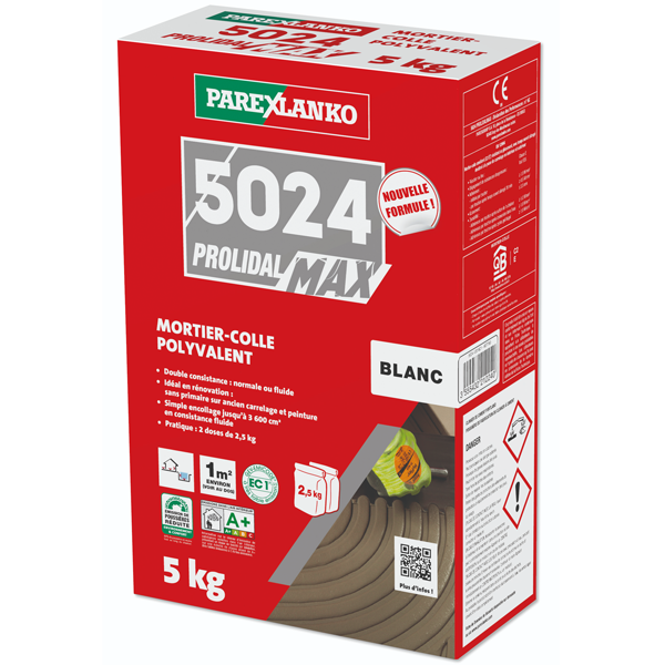 Mortier-colle amélioré polyvalent - 5024 Prolidal Max - Blanc - Sac de 5 KG