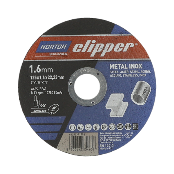 Disque à tronçonner ultra mince -Métal /Inox -125x1.6x22.23mm -Norton CLIPPER