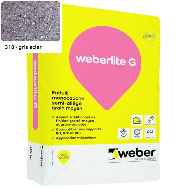 Enduit monocouche semi-allégé et coloré à grain moyen WeberLite G 318 Gris acier - sac de 25 KG
