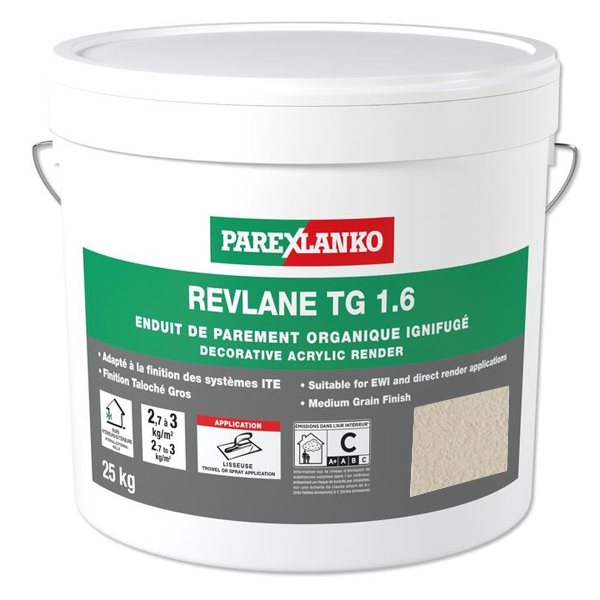 Enduit de parement organique ignifugé pour façades - Revlane TG 1.6 Parexlanko - G20 Blanc cassé - Seau de 25 KG