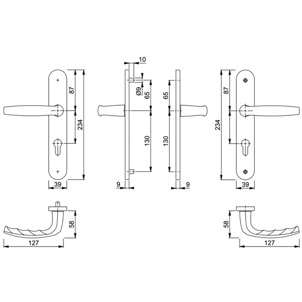 Poignée de porte clé en I - Atlanta Hoppe - porte 40-46 mm carré 7 mm - Alu aspect argent