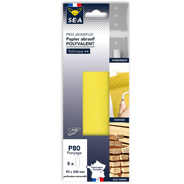 Papier abrasif perforé SEA en corindon pour ponceuse vibrante - 93 x 230 mm - grain 80 - lot de 5