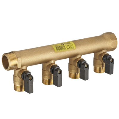 Collecteur avec vannes pour tube PER et multicouche MF 20 x 27 - 4 Départs M 15 x 21 - Laiton