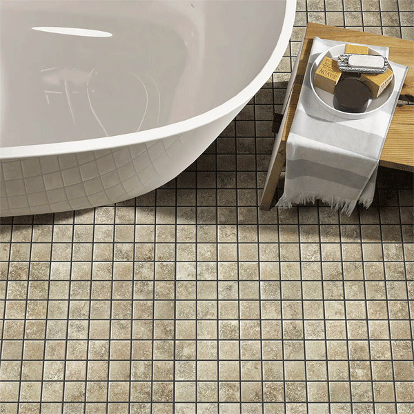 Carrelage mosaïque en céramique effet Pierre - 5 x 5 cm - plaque de 30 x 30 cm - Travertin marron